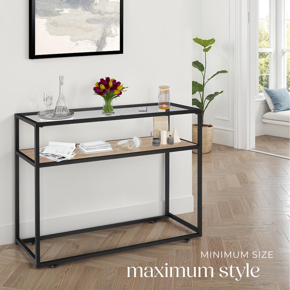 image 1 of Console Table Kilkenny - 2 shelves, with glass top surface | Brown | industrial wood light, oak Sonoma | 100 x 41 x 80,50 cm | 1