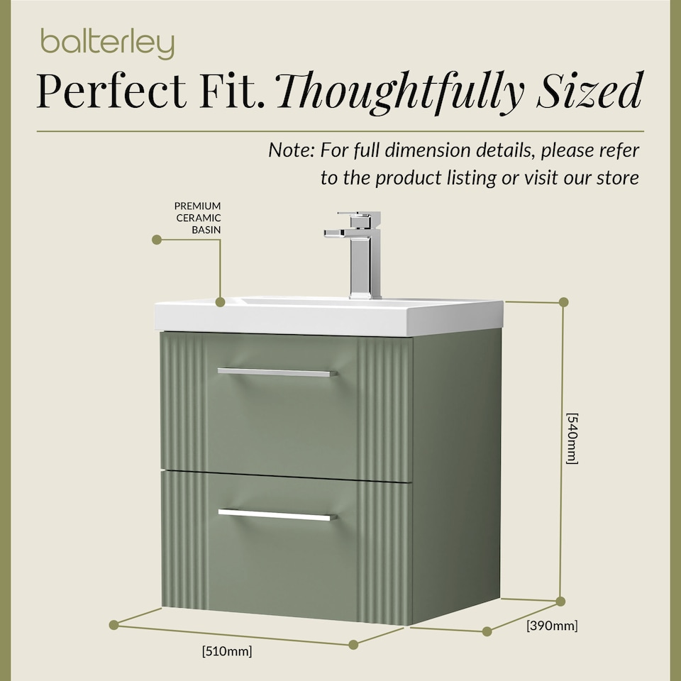 image 1 of Wall Hung 2 Drawers Vanity Unit - Mid-Edge Basin 500mm, Satin Green | Green | Satin Green | 390 x 510 x 540mm