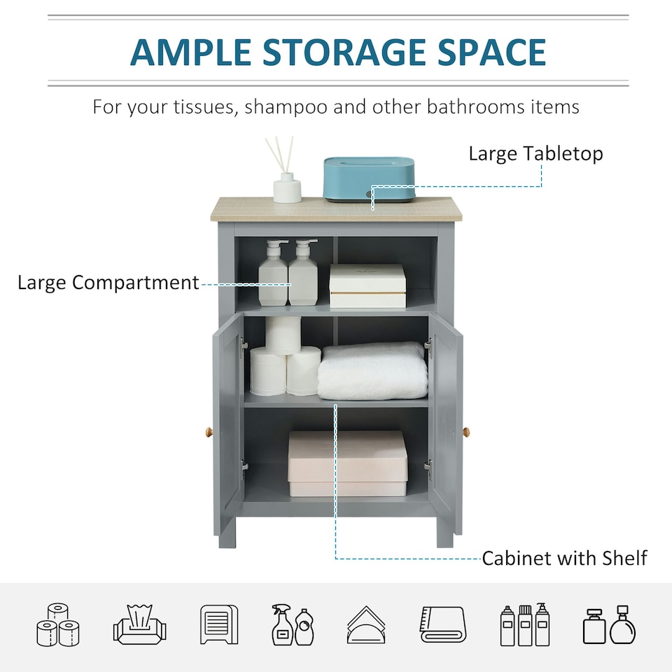 image 1 of kleankin Bathroom Floor Storage Cabinet Standing Unit W/ Doors Adjustable Shelf