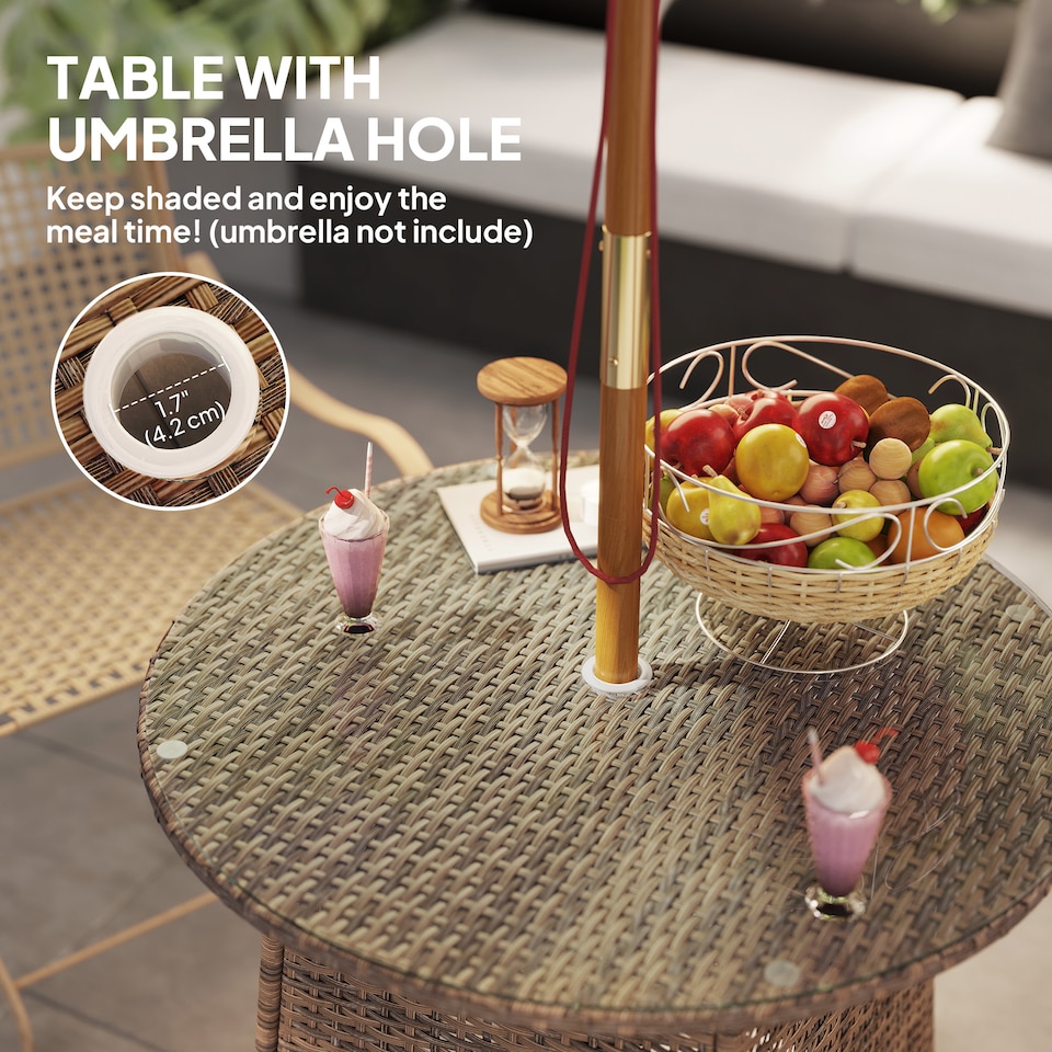image 1 of Outsunny Patio Furniture Rattan Garden Table with Umbrella Hole, Brown
