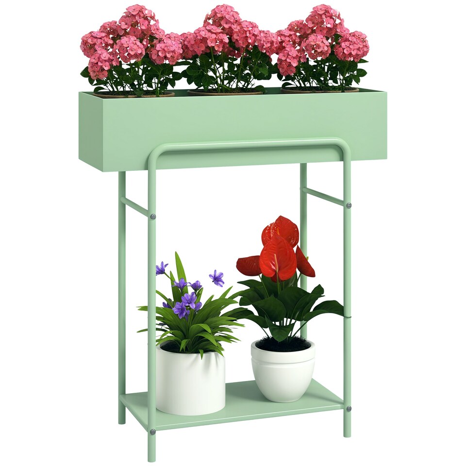 image 1 of Outsunny 2 Tier Plant Stand, Metal Plant Rack with Drain Holes, Green 