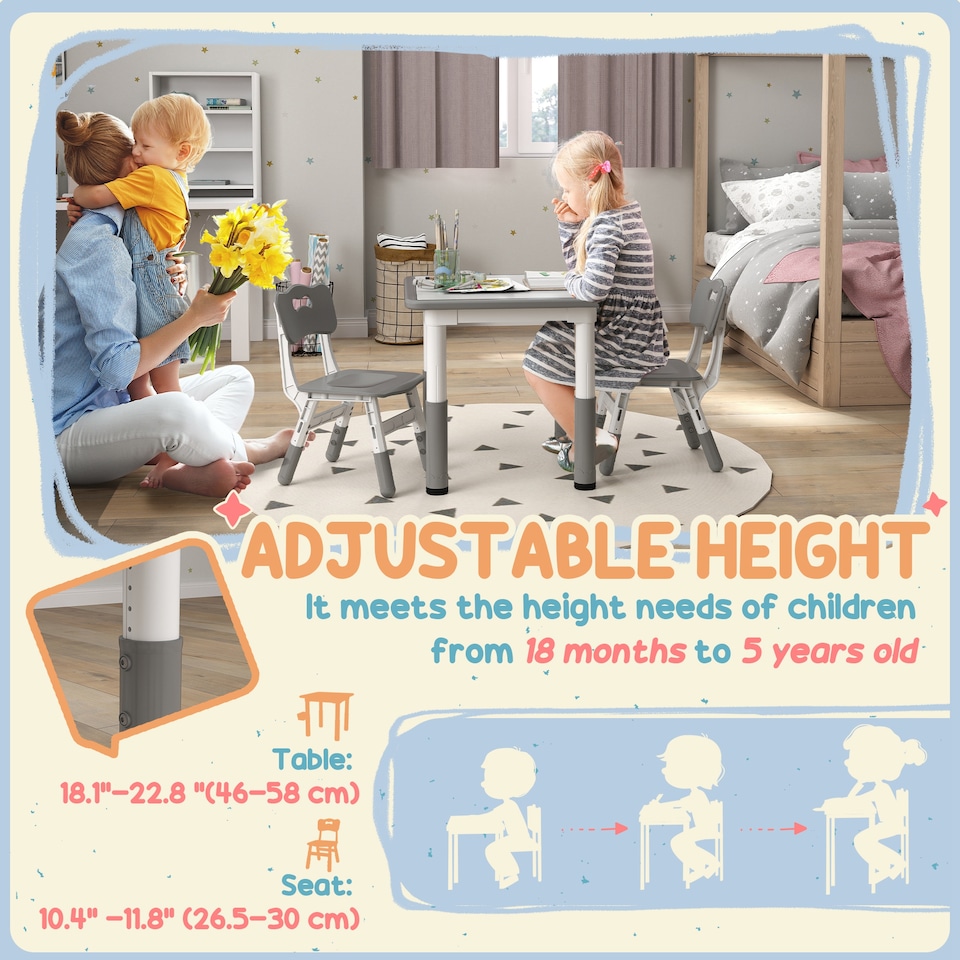 image 1 of AIYAPLAY 3 Pcs Height Adjustable Kids Table and Chair Set for Playroom - Grey