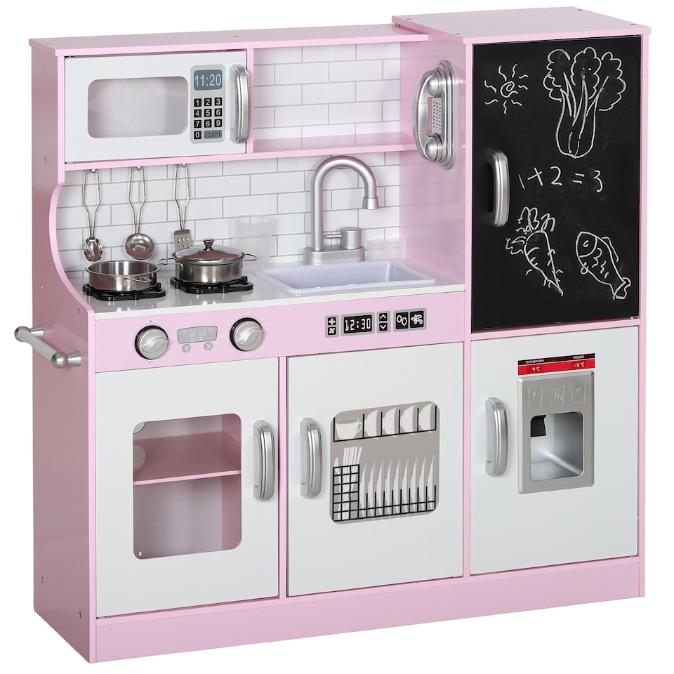 image 1 of AIYAPLAY Play Kitchen, Kids Kitchen Playset Toy with Chalkboard, Toy Phone, Microwave, Ice Maker, Cooking Stoves, Sink, for Boys Girls Ages 3-8 Years, Pink | Pink | Pink