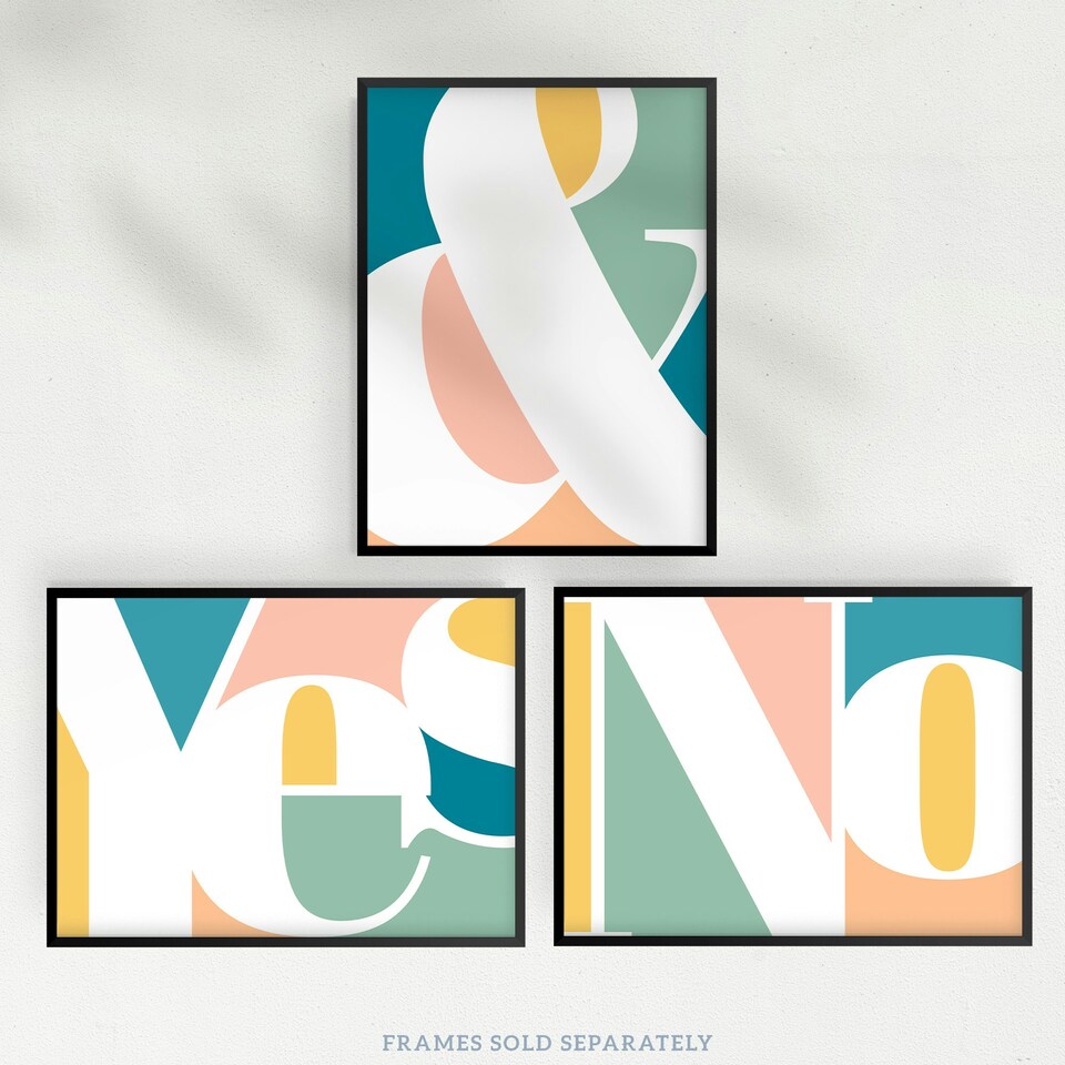 image 1 of Set of 3 Symbol Words Yes No Pastel Colour Modern Home Decor Wall Art Prints 12x16 Inch