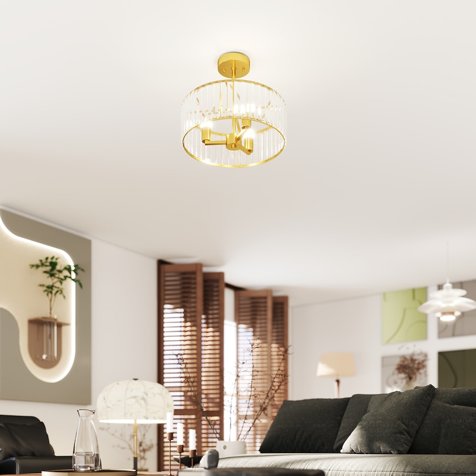 image 1 of HOMCOM Semi Flush Mount Modern Crystal Chandelier Ceiling Light, Gold Tone