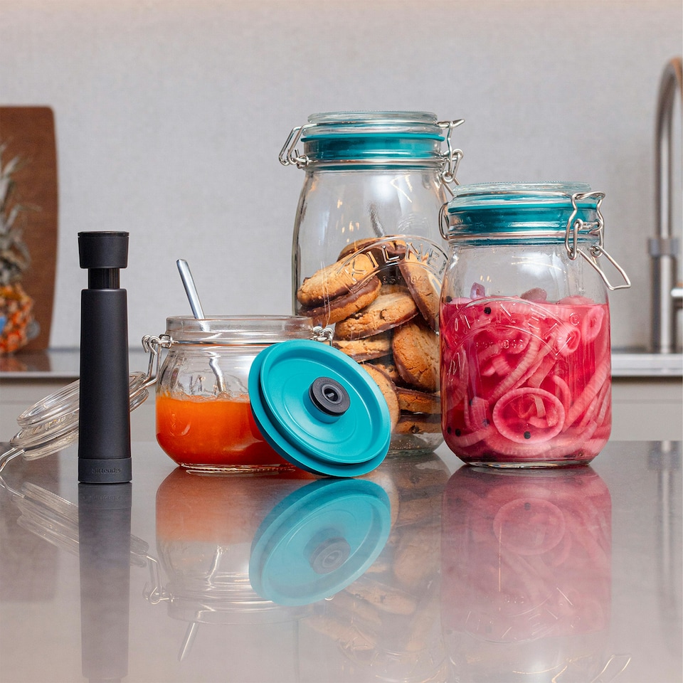 image 1 of Airtender Set of 3 Clip Top Jar Vacuum Lids with Pump