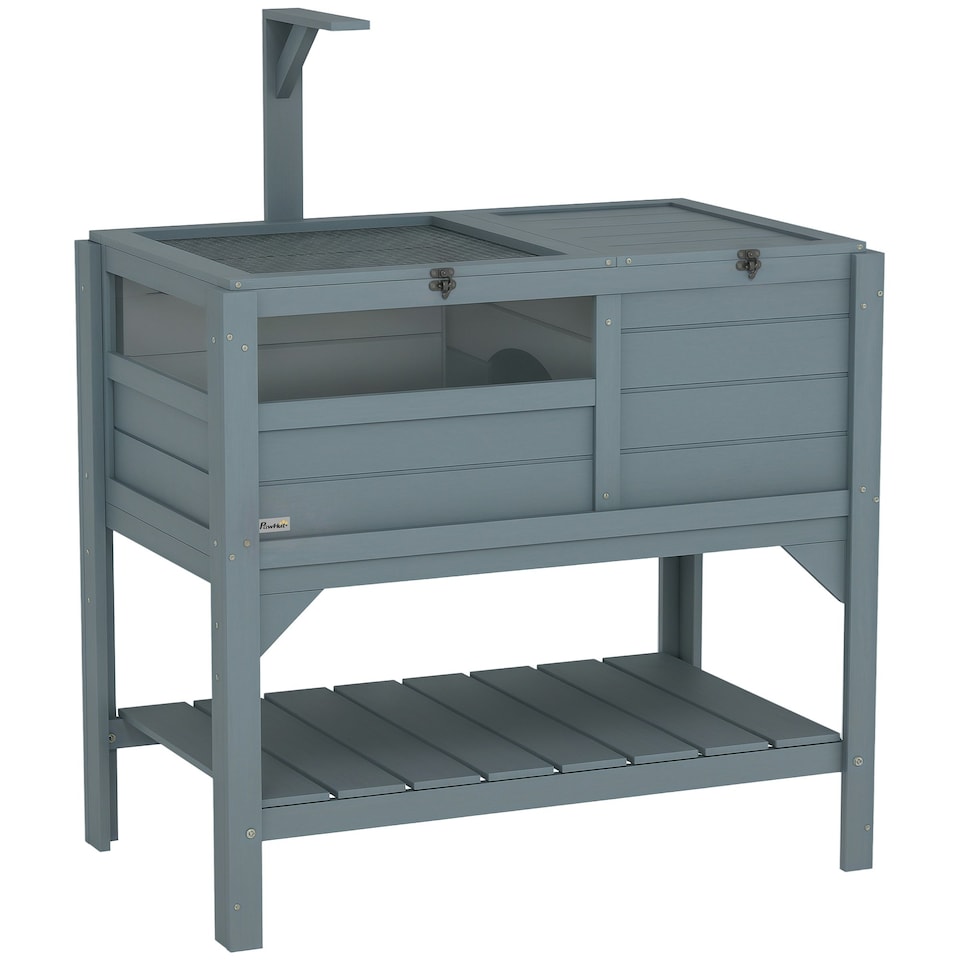 image 1 of PawHut Wooden Tortoise House w/ Run, Shelter, Shelf, Lamp Holder, Grey