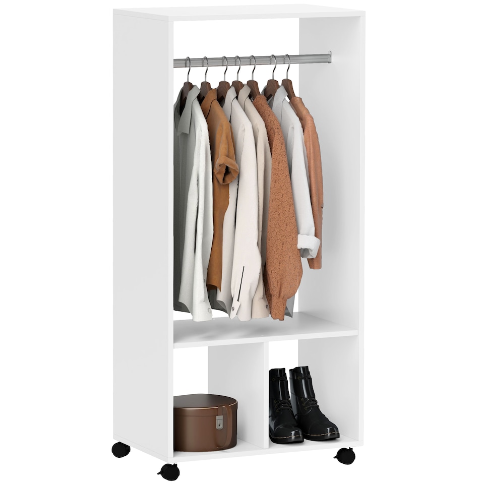 image 1 of HOMCOM Open Wardrobe on Wheels, Bedroom Wardrobe with Clothes Hanging Rail, 2 Storage Shelves, Mobile Garment Rack for Cloakroom, Hallway, White