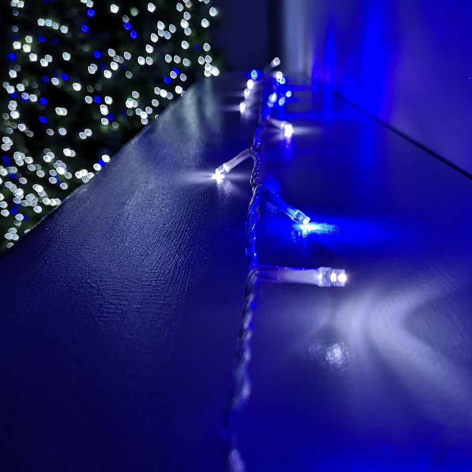 image 1 of 200 LED 16m Premier Christmas Outdoor Function Lights Timer Clear Cable Blue & White