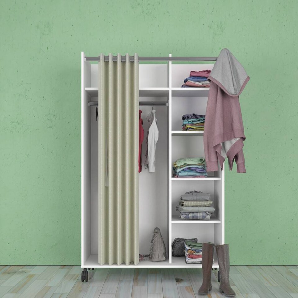 image 1 of Uppsala Open Mobile Wardrobe Unit in White with a Beige Textile Curtain on Wheels