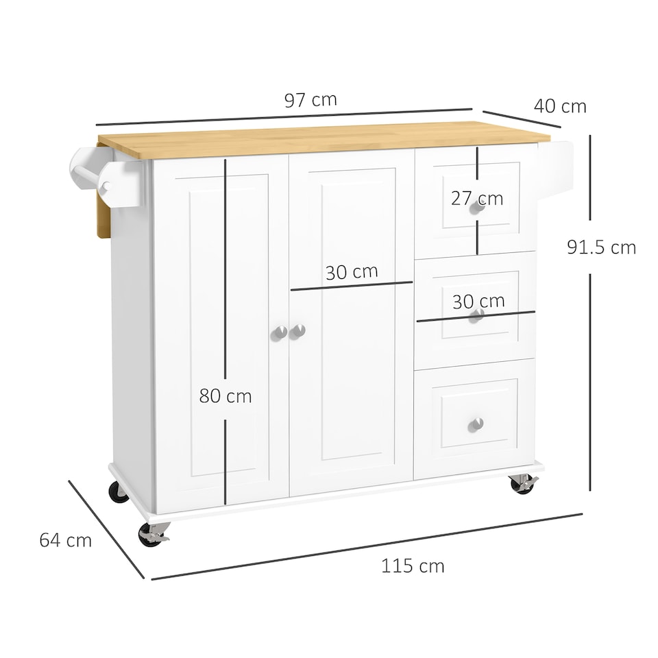 image 1 of HOMCOM Kitchen Island on Wheels, Kitchen Cart with Drop Leaf, White | White