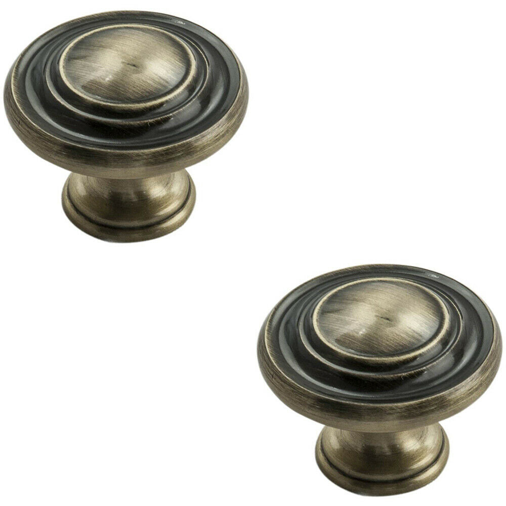 Loops 2x Round Ringed Pattern Door Knob 32mm Diameter Antique Burnished Brass Handle in Metallics