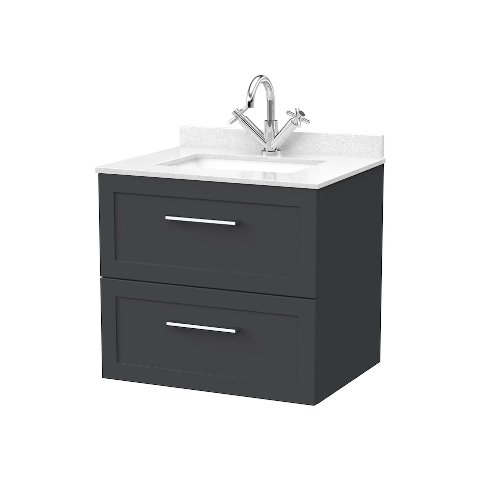 image 1 of Stonnall Traditional Wall Hung 2 Drawers Vanity Unit with Marble Top with Basin, 600mm, Dark Grey