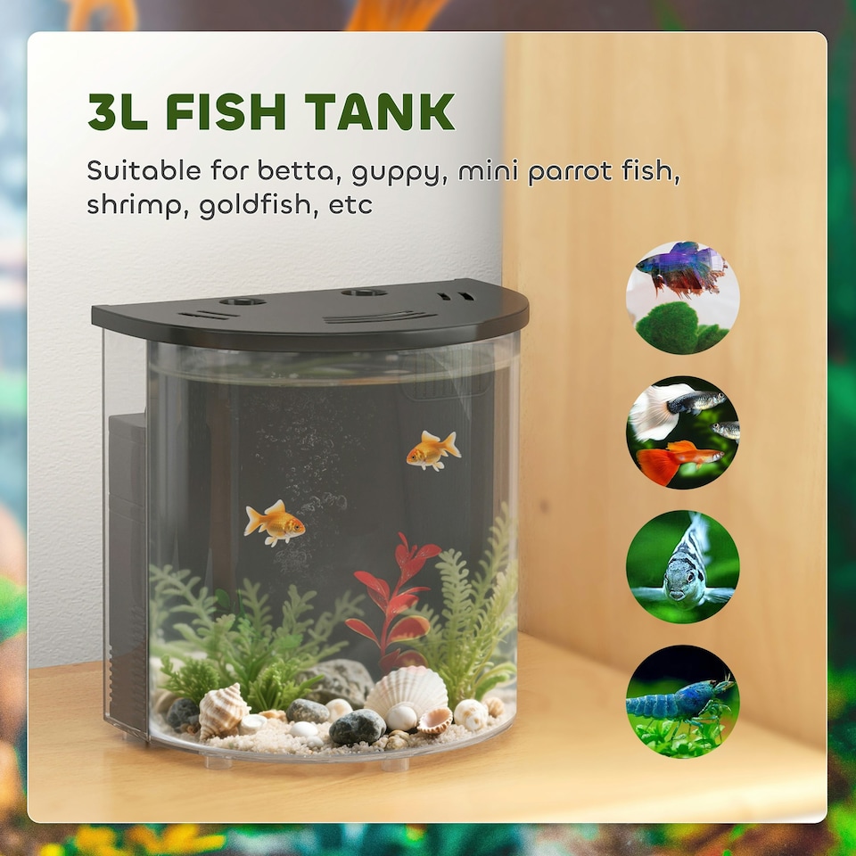 image 1 of PawHut Fish Tank, 3L Nano Aquarium Starter Kit with Filter System, LED Light