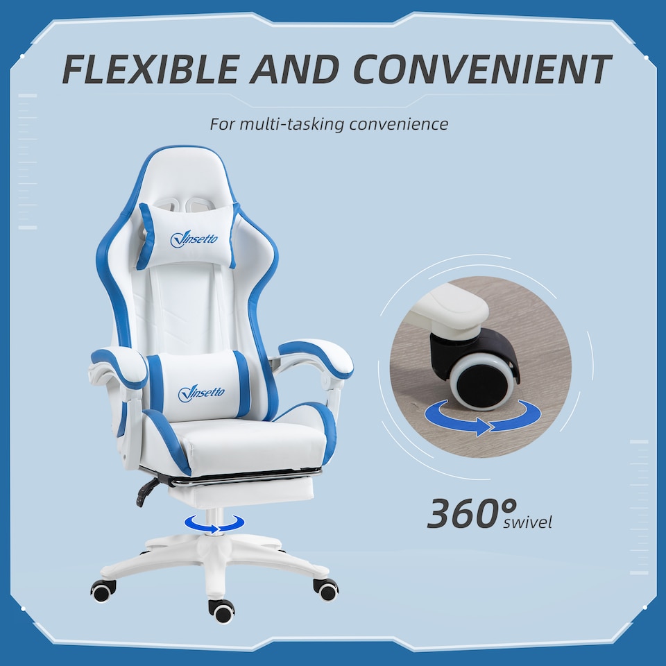 image 1 of Vinsetto Computer Gaming Chair, PU Leather Office Desk Chair with Footrest, Swivel Wheels, 135 Reclining Back, Lumbar Support, Headrest for Home, White and Blue