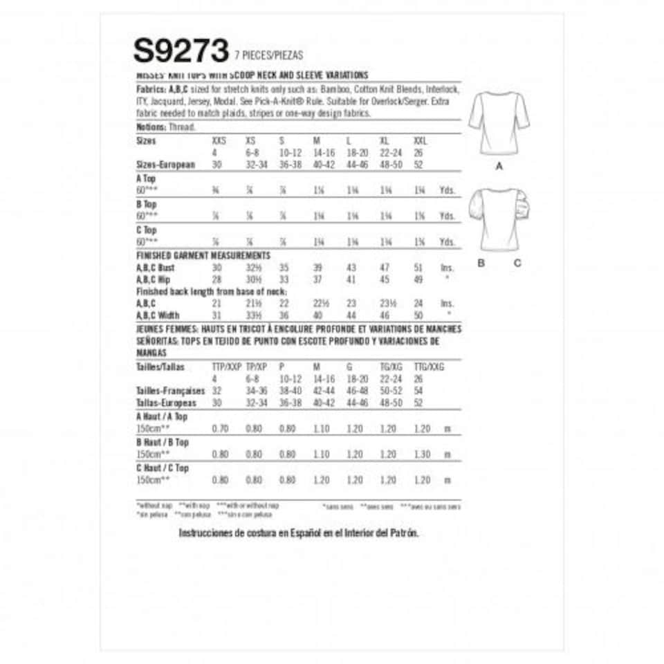 image 1 of Simplicity 9273 Paper Sewing Pattern – Women’s Top, Size A (XXS–XS–S–M–L–XL–XXL), Easy