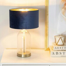 ValueLights Jessy Glass with Gold Trim Table Lamp with Navy Blue Velvet with Gold Inner Lamp Shade Blue