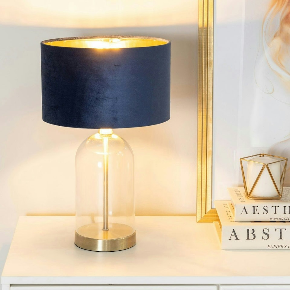 image 1 of ValueLights Jessy Glass with Gold Trim Table Lamp with Navy Blue Velvet with Gold Inner Lamp Shade Blue