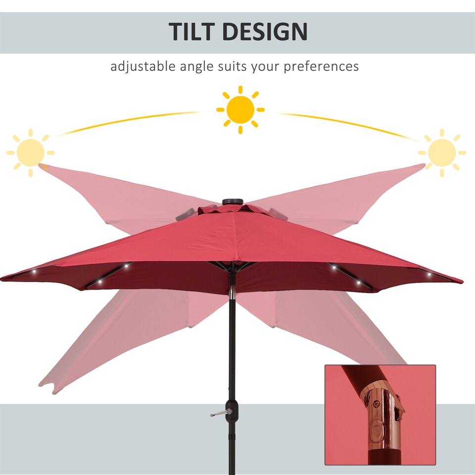 image 1 of Outsunny 2.7m Patio Garden Umbrella Outdoor Parasol Outdoor Market Table Umbrella with Tilt Crank and 24 LEDs Lights Wine Red