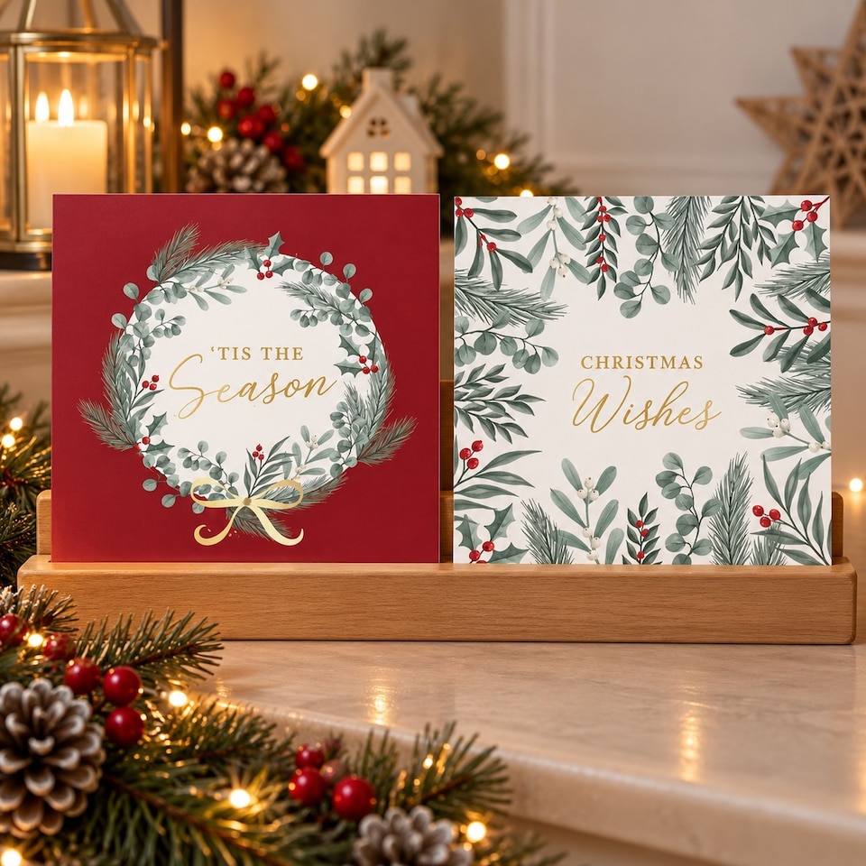 image 1 of 24 Christmas Cards With Envelopes Foliage Holly Wreath 2 Deigns