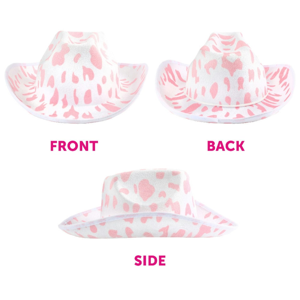 image 1 of Pink Cow Print Cowboy Hat – Fancy Dress Accessory White | One Size