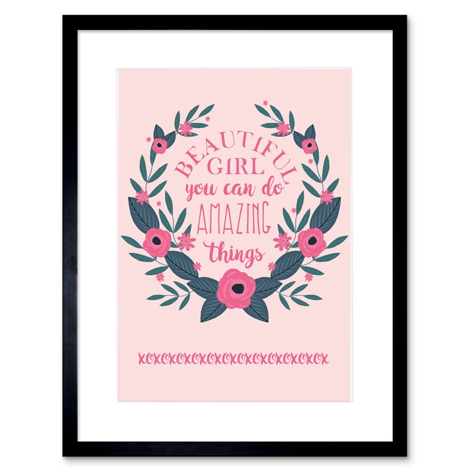image 1 of Kids Girl Beautiful Quote Pink Floral 9x7" Black Framed Wall Art Print
