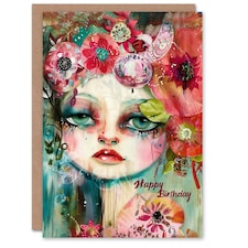 Colourful Weird Doll Face Trippy Girl Floral Her Birthday Card