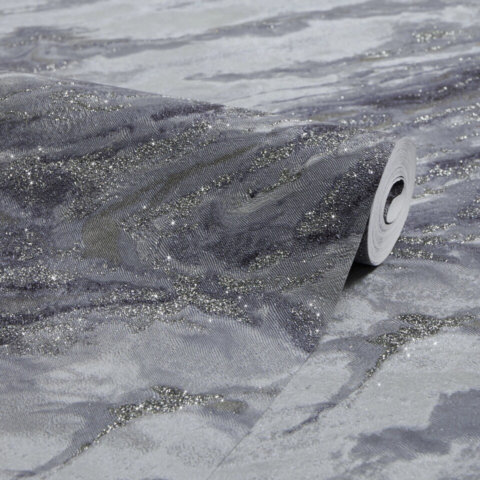 image 1 of Decadence Wallpaper in Light Grey and Blue Grey with Silver Glitter | Blue | Light Grey and Blue Grey with Silver Glitter | 53cm x 10m