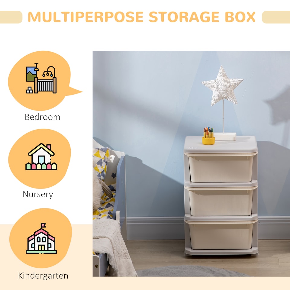 image 1 of HOMCOM Kids Storage Units with Drawers 3 Tier Chest Dresser Tower Cream