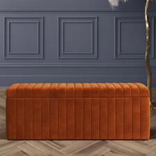 137cm Wide Lux Ottoman Storage Box, Burnt Orange Velvet Upholstered Full Striped Storage Ottoman Box