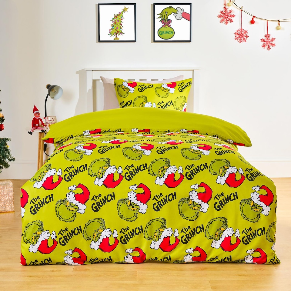 image 1 of OHS Xmas Grinch Bedding Set Novelty Duvet Cover with Pillowcase | Green | Double