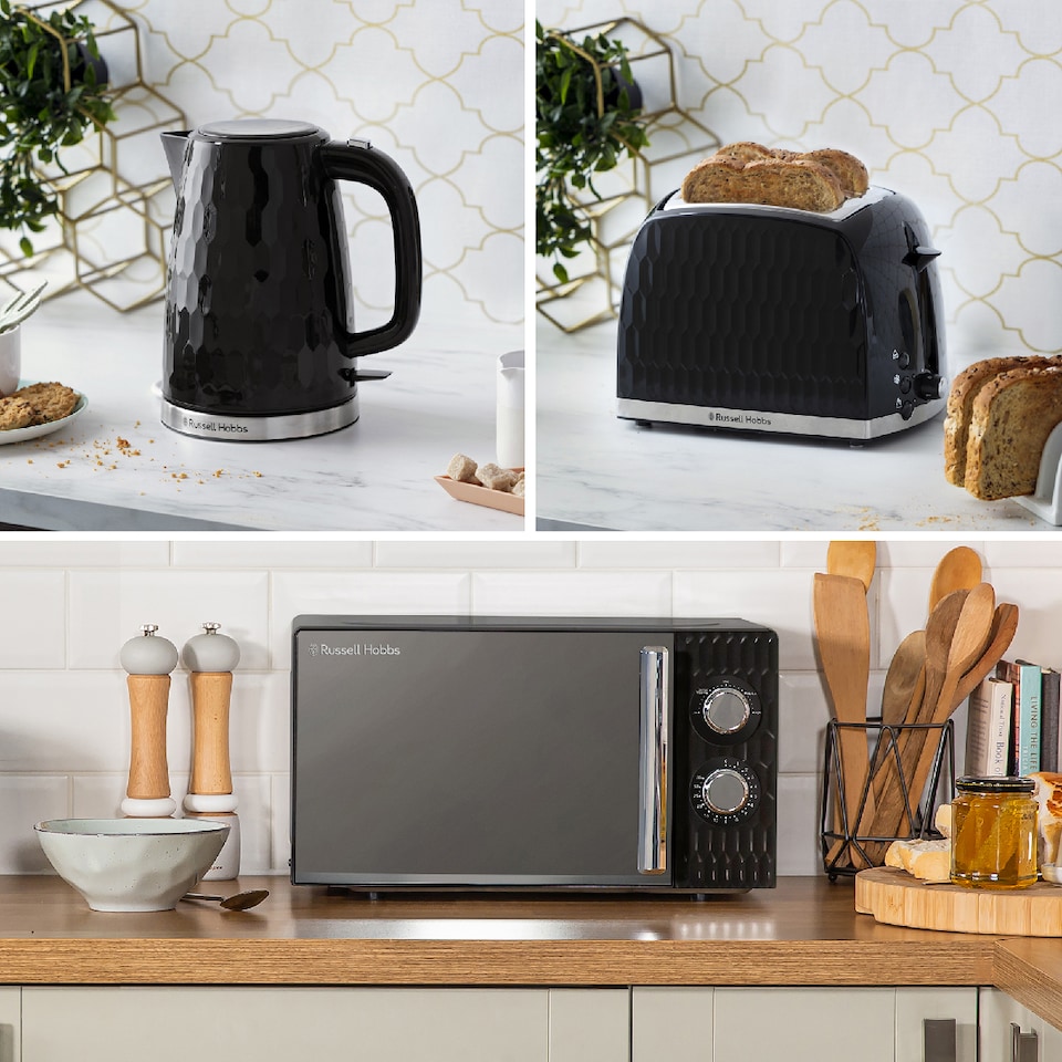 image 1 of Russell Hobbs Honeycomb Bundle Set with Kettle, 2 Slice Toaster, and Microwave Black HCBNDL2B