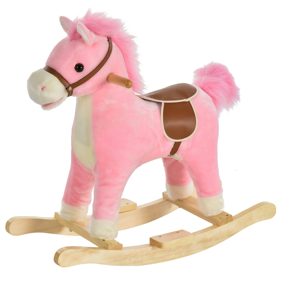 image 1 of HOMCOM Kids Plush Rocking Horse w/ Moving Mouth Tail Sounds 18-36 Months Pink