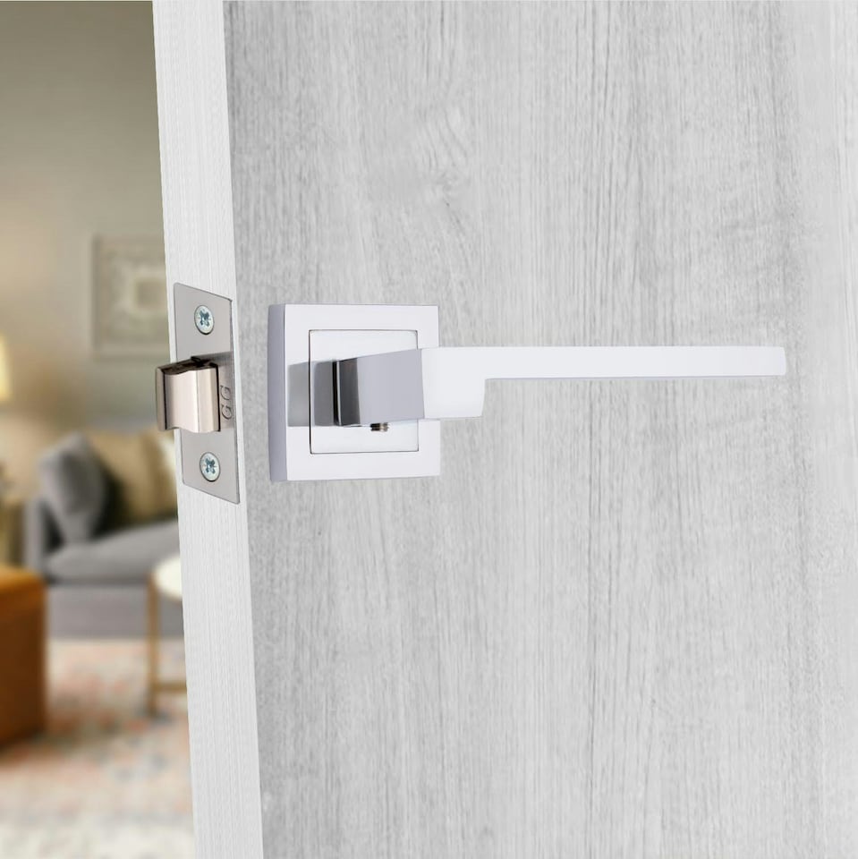 image 1 of Golden Grace 1 Pair Zeta Premium Design Door Handles on Square Rose in Polished Chrome Finish | Chrome | 1 Pair