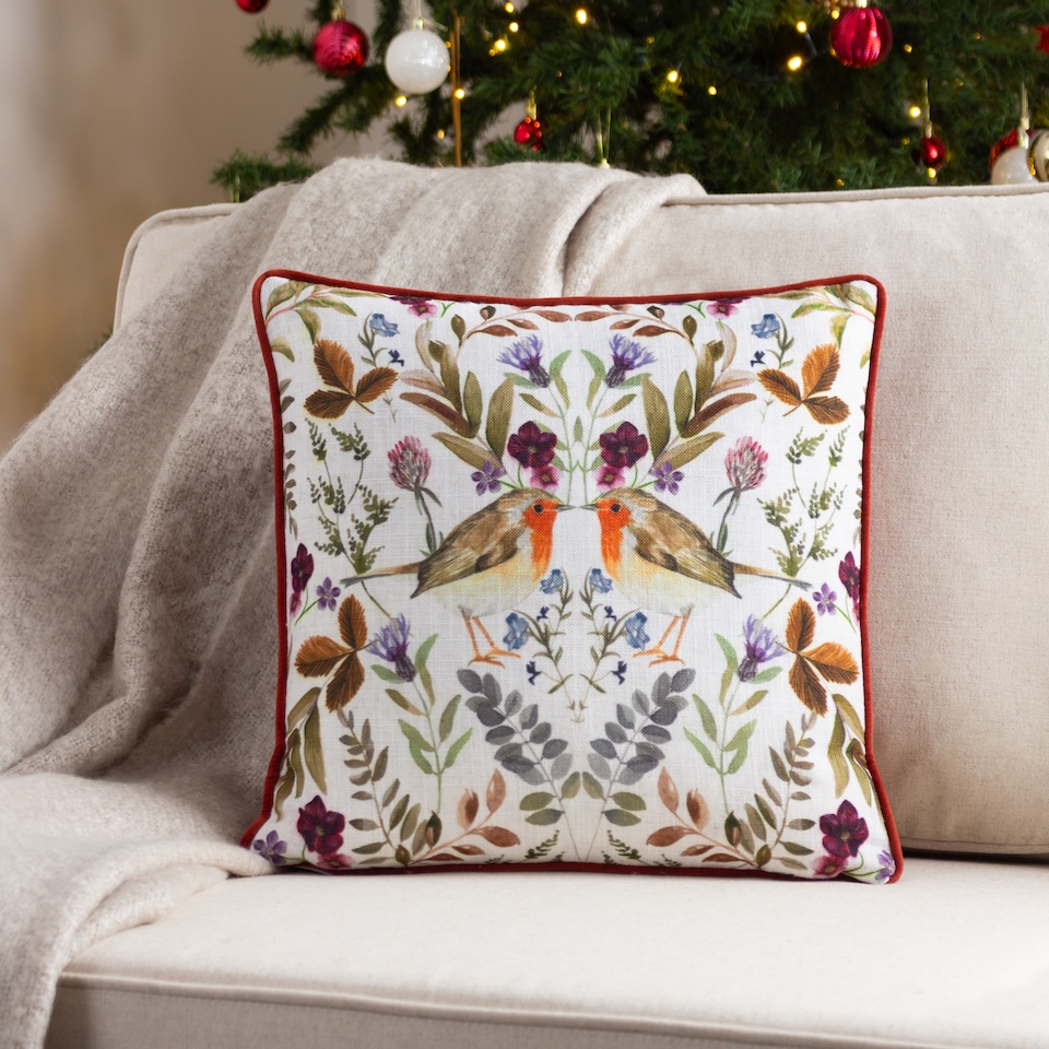 image 1 of Evans Lichfield Mirrored Robin Watercolour Printed Piped Cushion, Sunset, 43 x 43cm