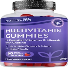Nutravita Vegan Multivitamin Gummies with 14 Vitamins & Minerals incl. Vitamin C D3 B12 Biotin Zinc - 60 Berry Flavour Chewable Adult Multivitamins