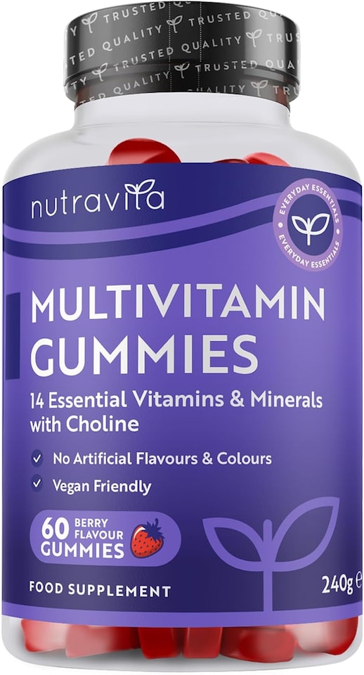 image 1 of Nutravita Vegan Multivitamin Gummies with 14 Vitamins & Minerals incl. Vitamin C D3 B12 Biotin Zinc - 60 Berry Flavour Chewable Adult Multivitamins