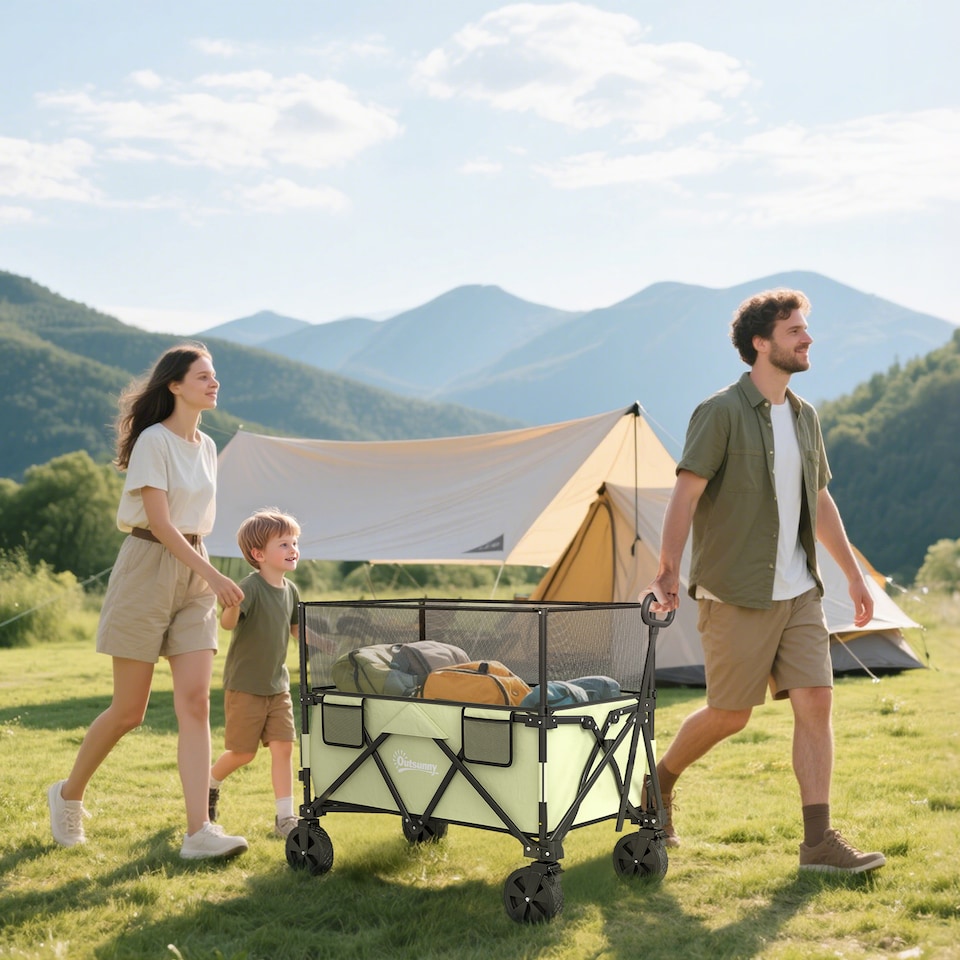 image 1 of Outsunny 180L Folding Garden Trolley Wagon Cart w Extendable Side Walls, Black
