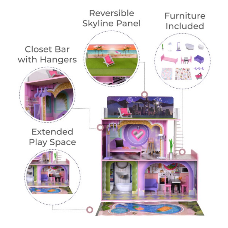 image 1 of Teamson Kids Wooden Dreamland 2 Storey Doll House for 12" Dolls, Dollhouse