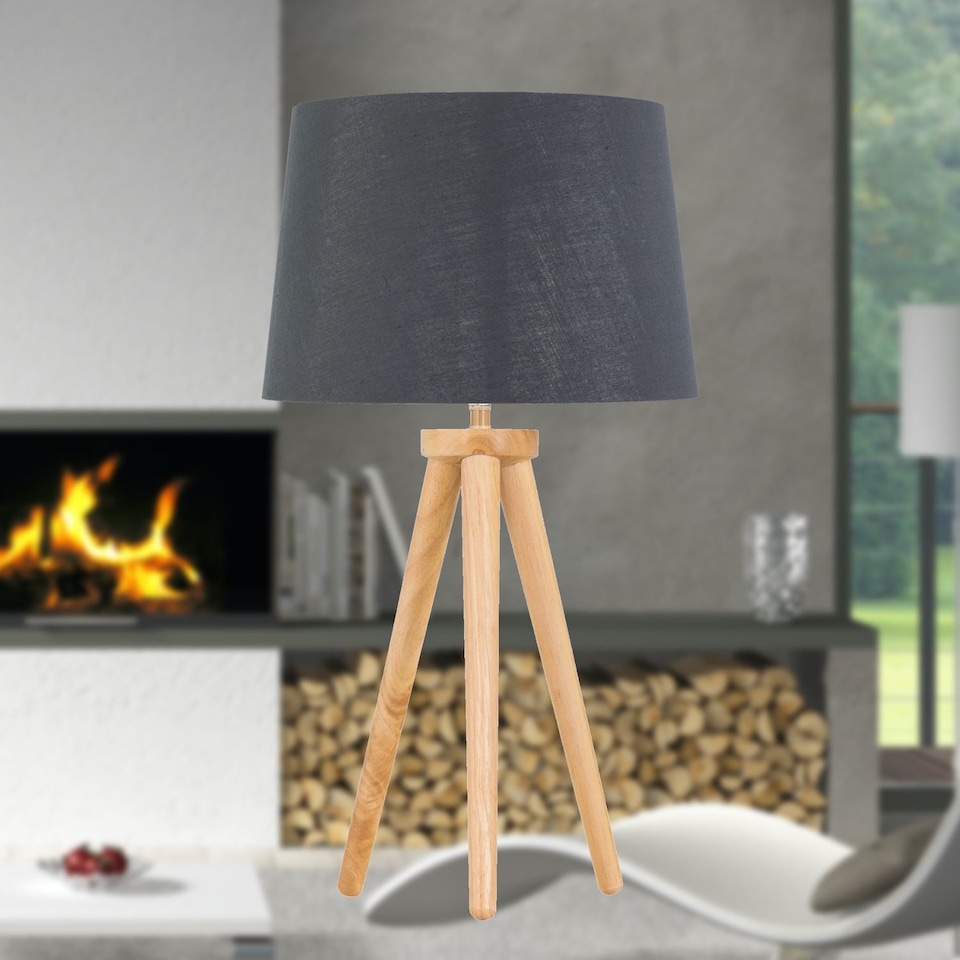 image 1 of Voyage - Light Oak Table Lamp Bedside Light with Grey & Silver Shade | Brown | Grey | Large | 1