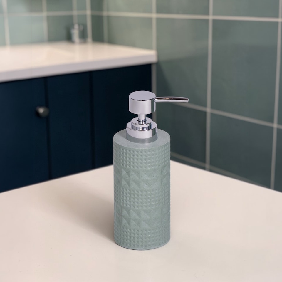 image 1 of Maison Soft Green Shimmer Bathroom Accessory Set - Soap Dispenser & Toothbrush Holder | Green | Green | 1