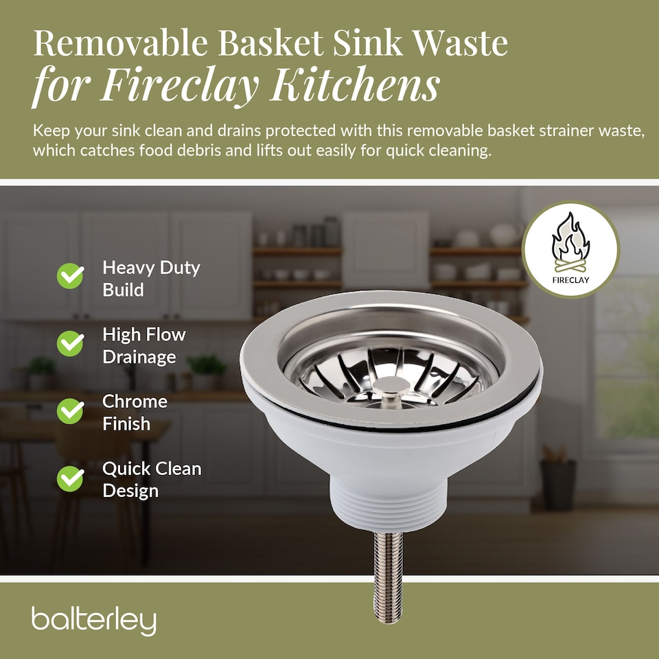 image 1 of Balterley Fireclay Kitchen Sink Basket Strainer Waste by Balterley | Silver | Chrome | 1