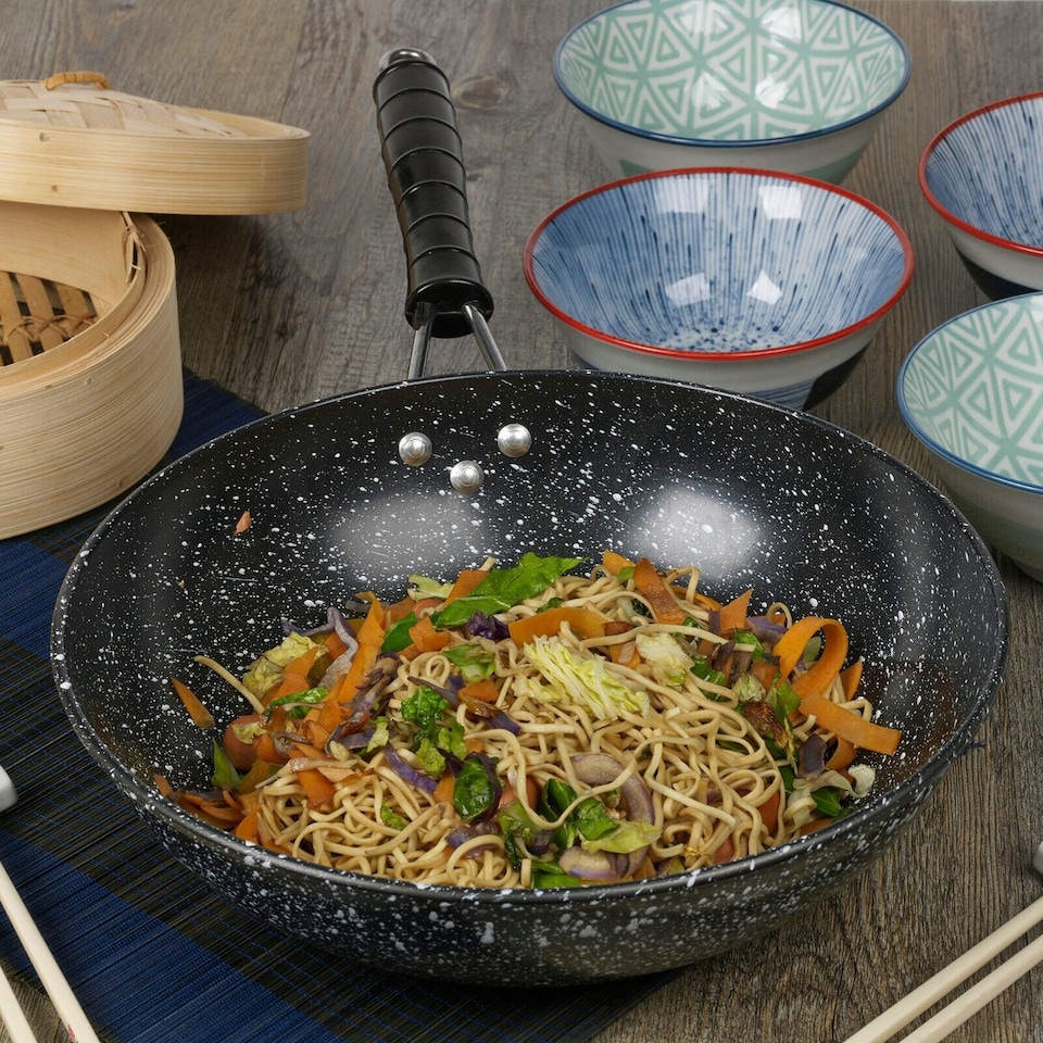 image 1 of 12 Black Marble Carbon Steel Induction Wok Non Stick Frying Pan - 30cm