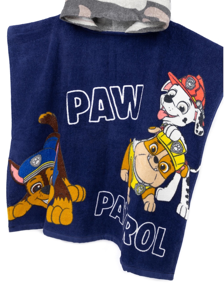 image 1 of Paw Patrol Towelling Poncho Boys | Kids Navy Grey Camo Marshall Rubble Chase Rescue Pups Bath Beach Towel | Hooded Cotton Robe One Size
