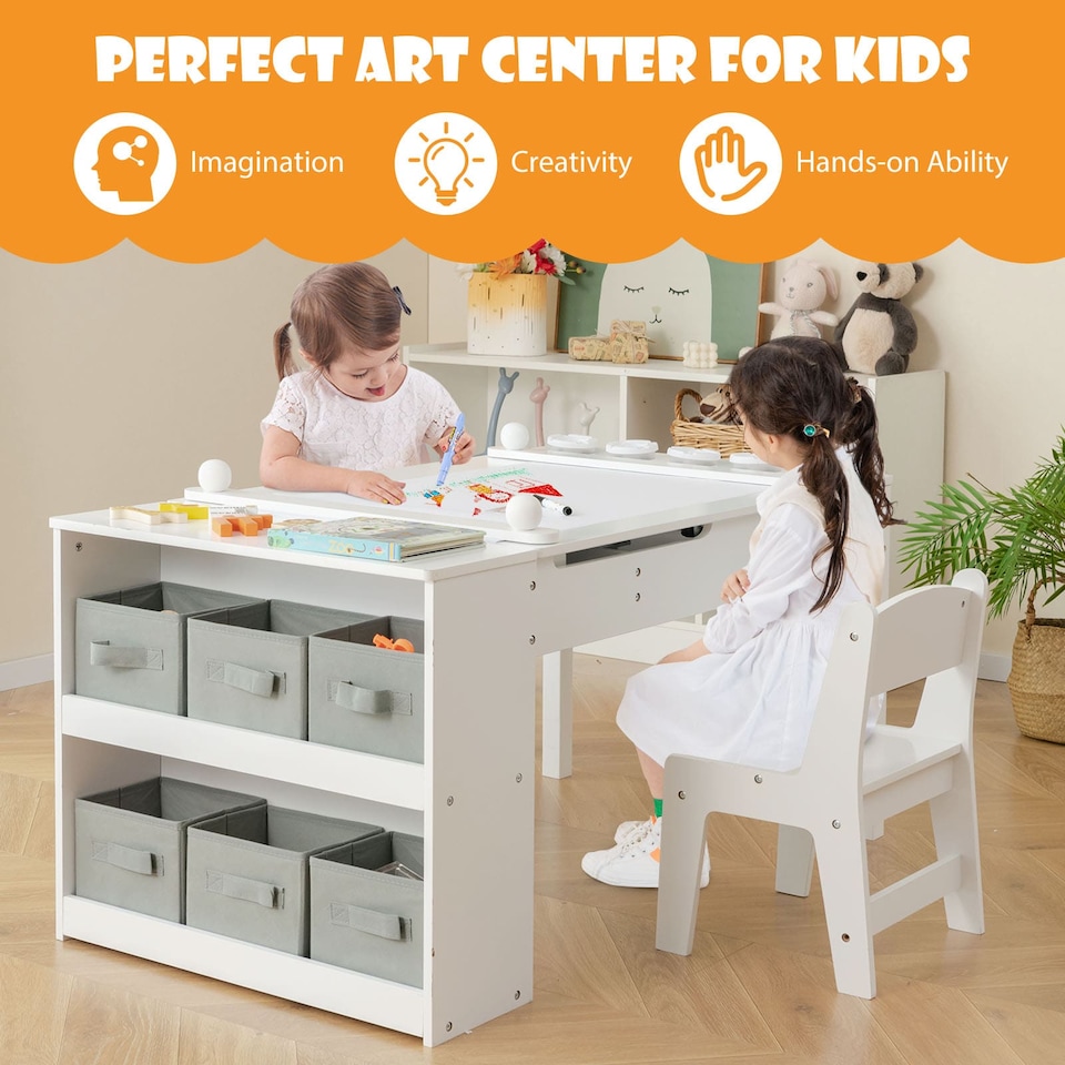 image 1 of COSTWAY 2-in-1 Kids Wooden Art Table and Art Easel Set With Chairs Storage Bins Paper Roll