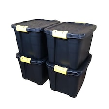 4 x 42L Heavy Duty Storage Tubs Sturdy, Lockable, Stackable and Nestable Design Storage Chests with Clips in Black