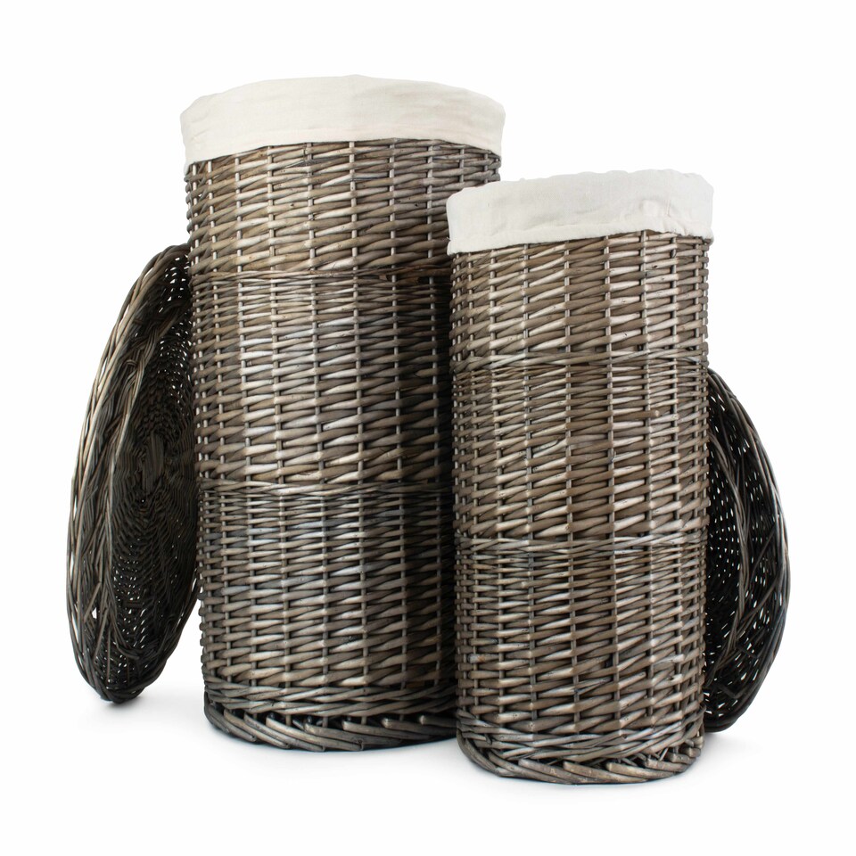 image 1 of Antique Wash Round Laundry Basket Set of 2 | White | White