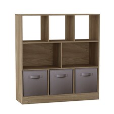Asymmetrical 8 Oak Cube Bookcase Shelf Storage Unit with 3 Fabric Drawer Inserts | Multi | Oak & Grey Drawer | 1