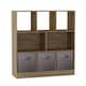 image 1 of Asymmetrical 8 Oak Cube Bookcase Shelf Storage Unit with 3 Fabric Drawer Inserts | Multi | Oak & Grey Drawer | 1