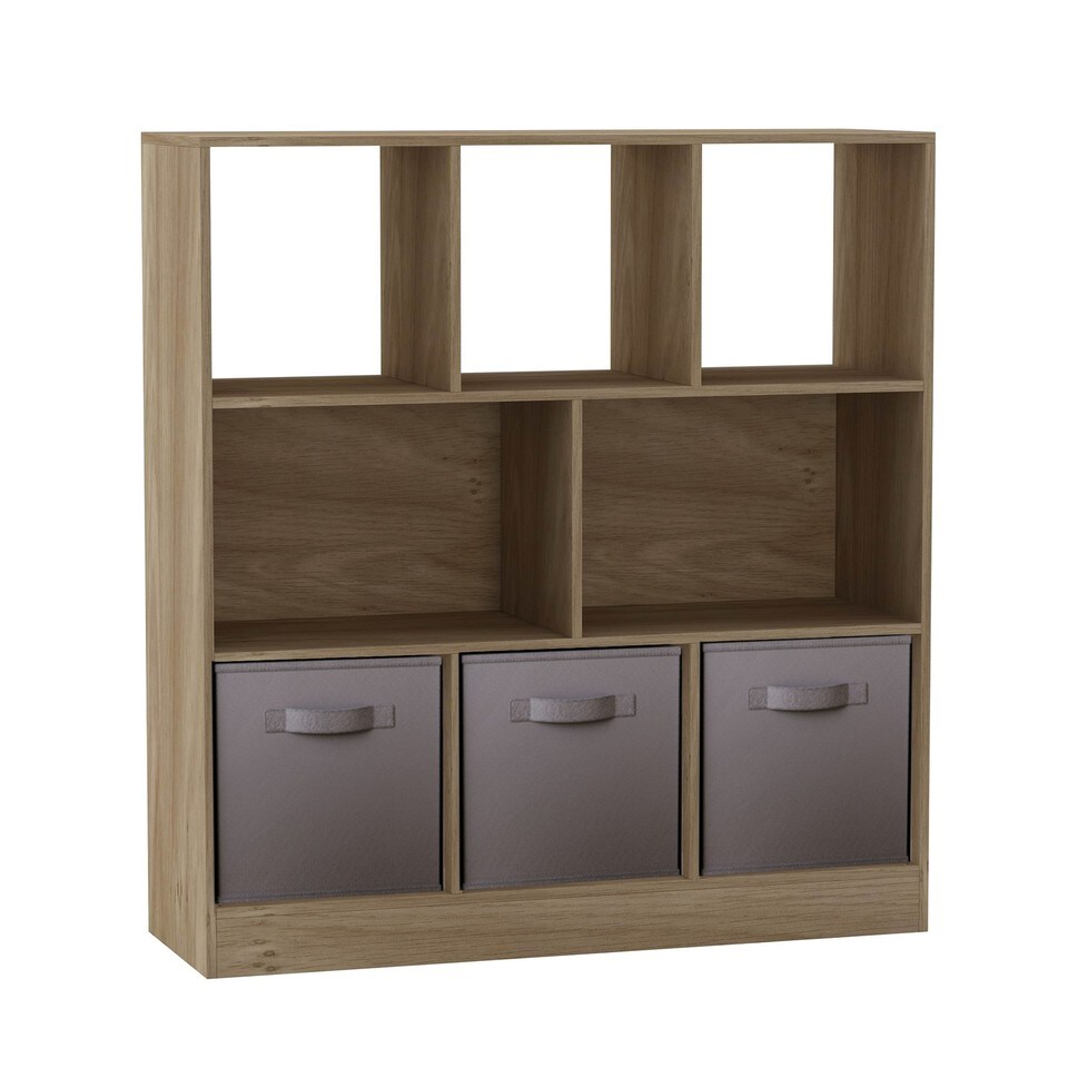 image 1 of Asymmetrical 8 Oak Cube Bookcase Shelf Storage Unit with 3 Fabric Drawer Inserts | Multi | Oak & Grey Drawer | 1